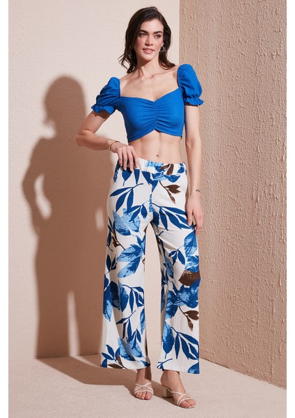 Desenli Beli Lastikli Bol Paça Pantolon Bayan Pantolon 5869018