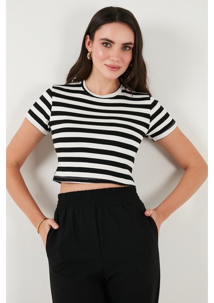 Slim Fit Bisiklet Yaka Çizgili T Shirt Bayan T Shirt 5866110