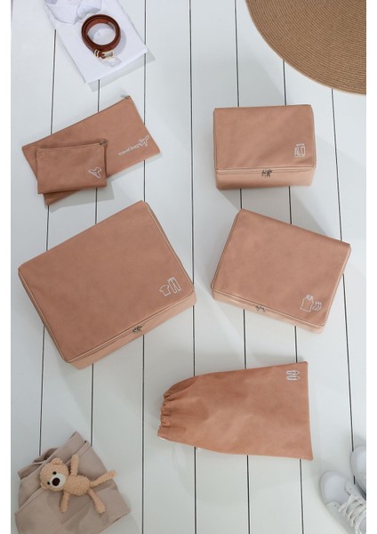 6'lı Bej Valiz Düzenleyici Bavul İçi Organizer Set Seyehat Hurcu