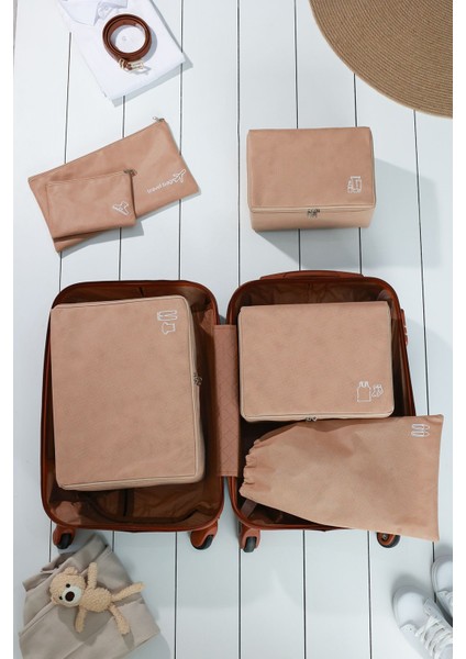 6'lı Bej Valiz Düzenleyici Bavul İçi Organizer Set Seyehat Hurcu