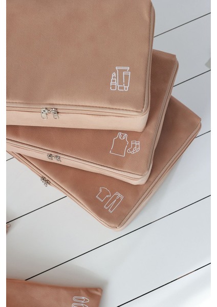 6'lı Bej Valiz Düzenleyici Bavul İçi Organizer Set Seyehat Hurcu
