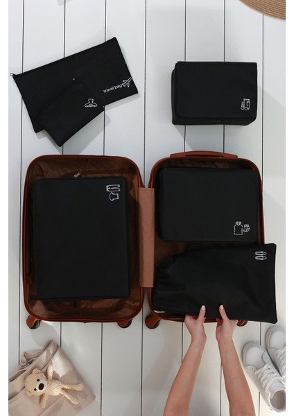 6'lı Siyah Valiz Düzenleyici Bavul İçi Organizer Set Seyehat Hurcu