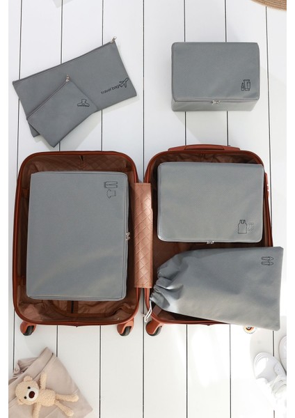 6'lı Gri Valiz Düzenleyici Bavul İçi Organizer Set Seyehat Hurcu