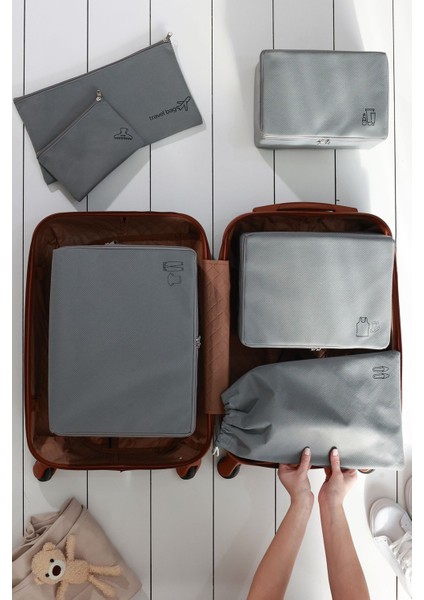 6'lı Gri Valiz Düzenleyici Bavul İçi Organizer Set Seyehat Hurcu
