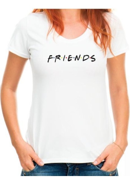 Kadın Beyaz V Yaka Kısa Kollu Friends Tişört modelleri