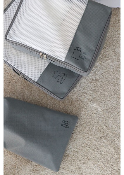 3'lü Gri Valiz Düzenleyici Bavul İçi Organizer Set Seyehat Hurcu