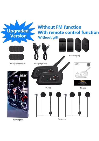 Ejeas V6 Pro + Motosiklet Interkom Kask Bluetooth Kulaklık 6 Biniciler 800M Communicator Su Geçirmez Interkom