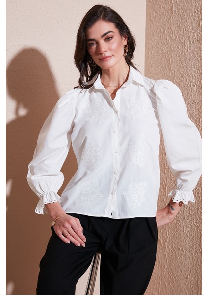 Pamuklu Slim Fit Nakışlı Balon Kol Gömlek Bayan Gömlek 676208