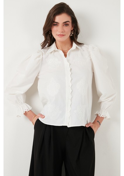 Pamuklu Slim Fit Nakışlı Balon Kol Gömlek Bayan Gömlek 676208 fiyatları