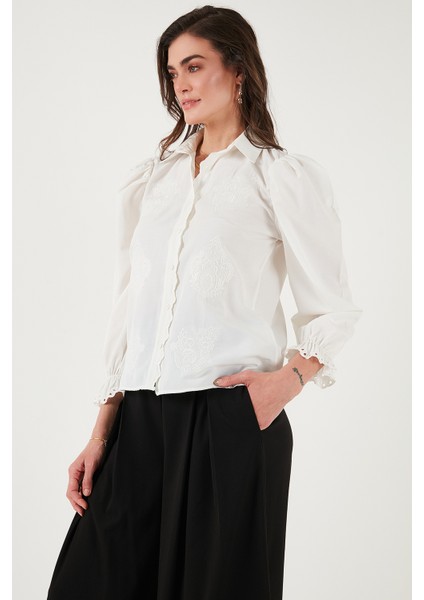 Pamuklu Slim Fit Nakışlı Balon Kol Gömlek Bayan Gömlek 676208 fırsatları