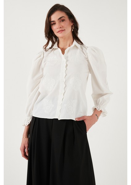 Pamuklu Slim Fit Nakışlı Balon Kol Gömlek Bayan Gömlek 676208 indirimleri