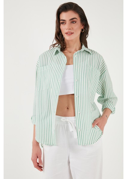 Regular Fit Uzun Kollu Çizgili Gömlek Bayan Gömlek 6772875