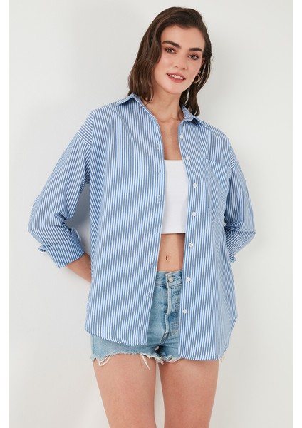 Regular Fit Uzun Kollu Cepli Çizgili Gömlek Bayan Gömlek 6772895
