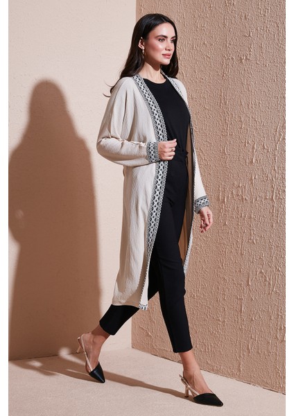 Modest Regular Fit Bağlamalı Nakışlı Tesettür Uzun Kimono Hırka Bayan Hırka 5866173