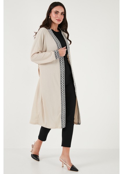 Modest Regular Fit Bağlamalı Nakışlı Tesettür Uzun Kimono Hırka Bayan Hırka 5866173