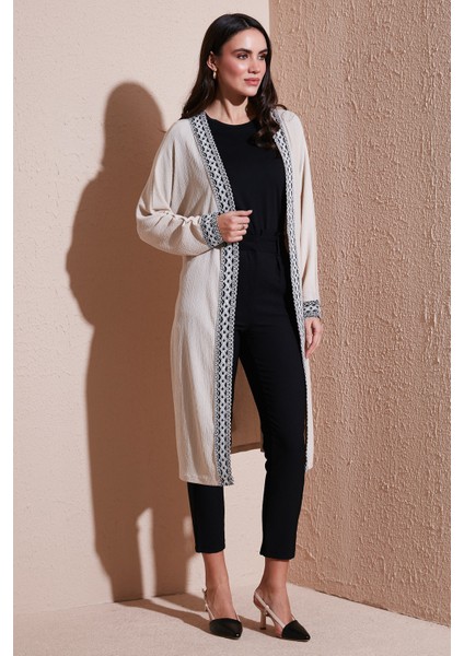 Modest Regular Fit Bağlamalı Nakışlı Tesettür Uzun Kimono Hırka Bayan Hırka 5866173