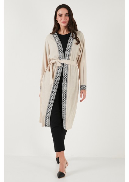 Modest Regular Fit Bağlamalı Nakışlı Tesettür Uzun Kimono Hırka Bayan Hırka 5866173