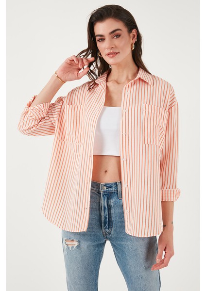 Regular Fit Uzun Kollu Çizgili Gömlek Bayan Gömlek 6772875