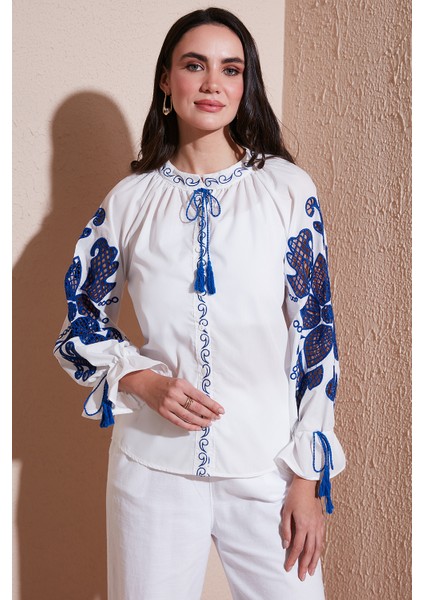 Nakışlı Oversize Fit Bağlamalı Hakim Yaka Gömlek Bayan Gömlek 676206
