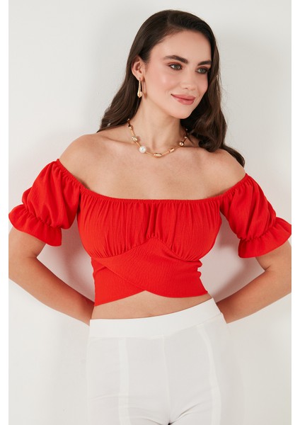 Regular Fit Madonna Yaka Bağlama Detaylı Crop Bluz Bayan Bluz 6527017 fiyatları