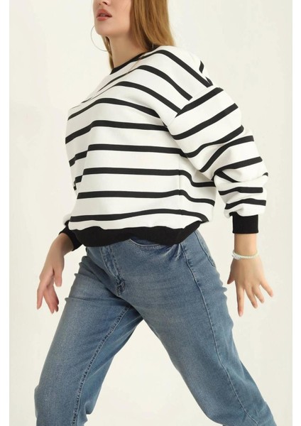 Kadın Cool Oversize Kalıp Bisiklet Yaka Kalın Basic Üç Iplik Içi Şardonlu Çizgili Sweatshirt fiyatları