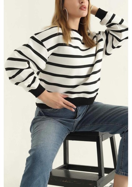Kadın Cool Oversize Kalıp Bisiklet Yaka Kalın Basic Üç Iplik Içi Şardonlu Çizgili Sweatshirt modelleri