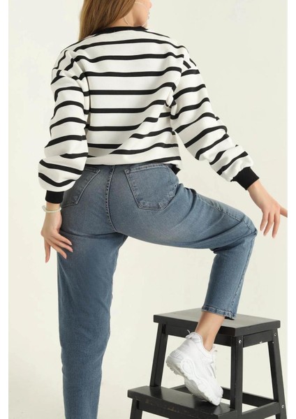 Kadın Cool Oversize Kalıp Bisiklet Yaka Kalın Basic Üç Iplik Içi Şardonlu Çizgili Sweatshirt fırsatları