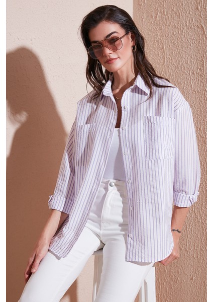 Regular Fit Uzun Kollu Çizgili Gömlek Bayan Gömlek 6772875