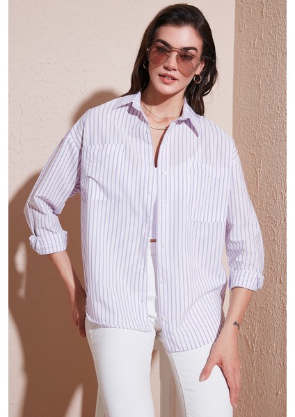 Regular Fit Uzun Kollu Çizgili Gömlek Bayan Gömlek 6772875