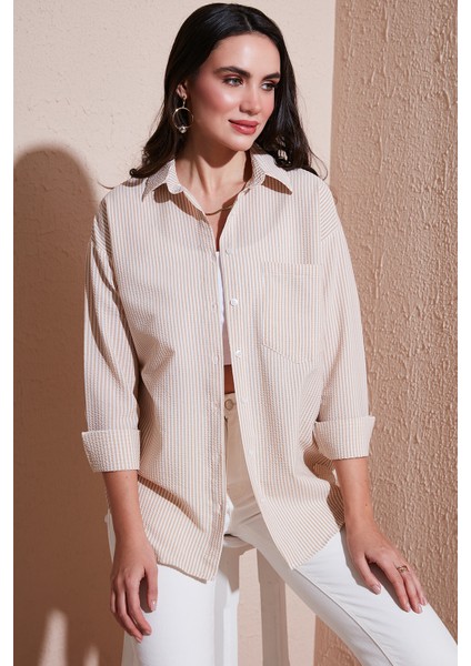 Regular Fit Uzun Kollu Cepli Çizgili Gömlek Bayan Gömlek 6772895