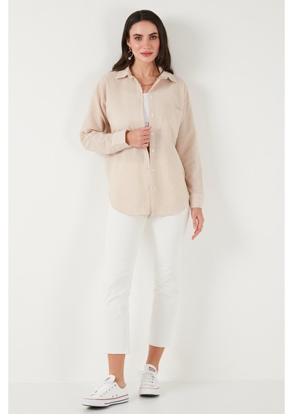 Regular Fit Uzun Kollu Cepli Çizgili Gömlek Bayan Gömlek 6772895 modelleri