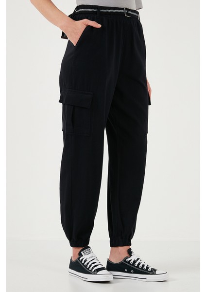 Pamuklu Standart Fit Normal Bel Lastikli Paça Kemerli Jogger Pantolon Bayan Pantolon 668YP5045