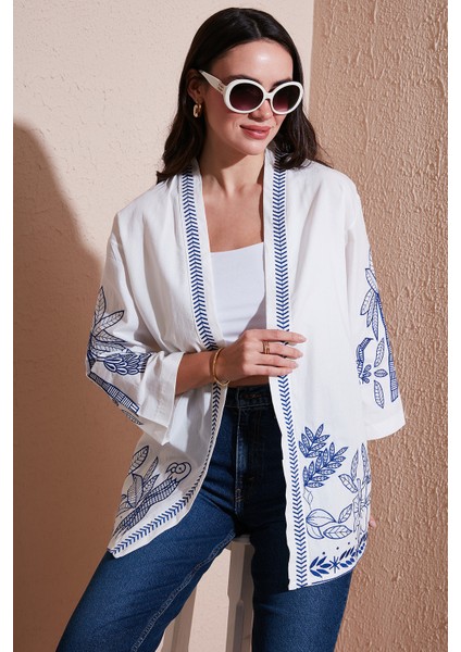 Nakış Işlemeli Pamuklu Oversize Fit Truvakar Kol Kimono Bayan Kimono 676302