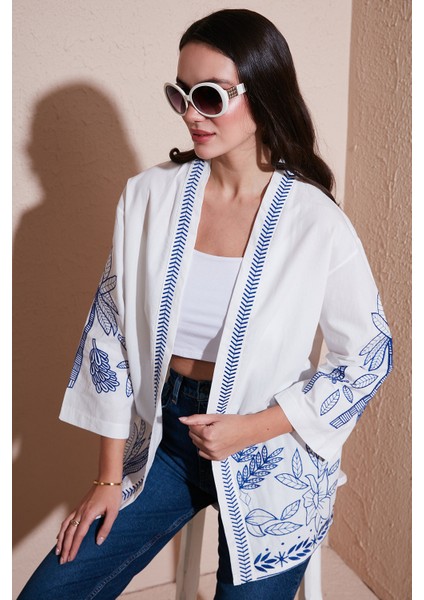 Nakış Işlemeli Pamuklu Oversize Fit Truvakar Kol Kimono Bayan Kimono 676302