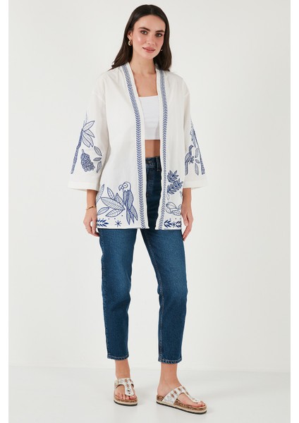 Nakış Işlemeli Pamuklu Oversize Fit Truvakar Kol Kimono Bayan Kimono 676302