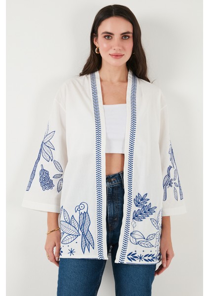 Nakış Işlemeli Pamuklu Oversize Fit Truvakar Kol Kimono Bayan Kimono 676302