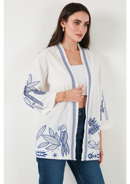 Nakış Işlemeli Pamuklu Oversize Fit Truvakar Kol Kimono Bayan Kimono 676302