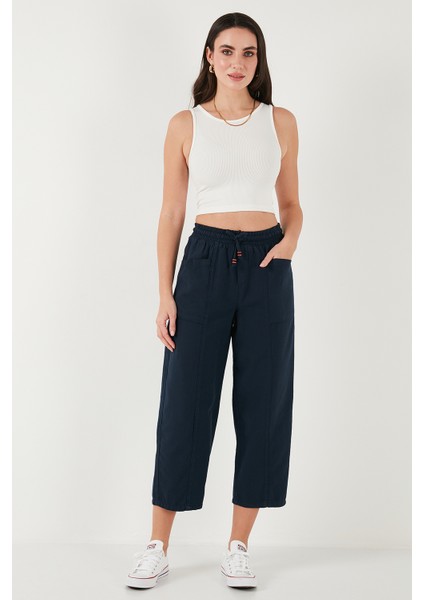 Pamuklu Relaxed Fit Yüksek Bel Geniş Kısa Paça Pantolon Bayan Pantolon 668YP5318