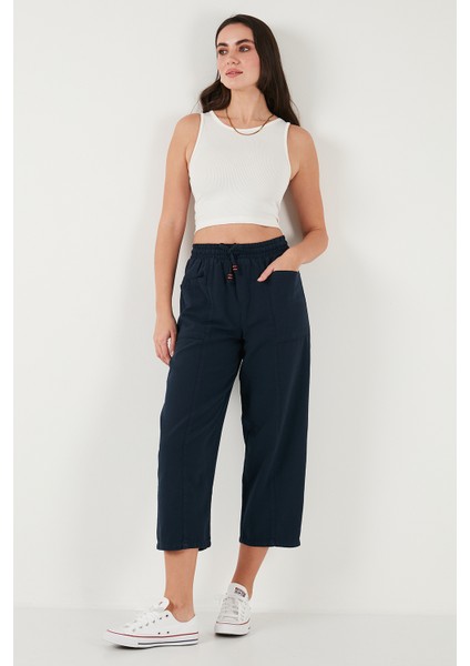 Pamuklu Relaxed Fit Yüksek Bel Geniş Kısa Paça Pantolon Bayan Pantolon 668YP5318