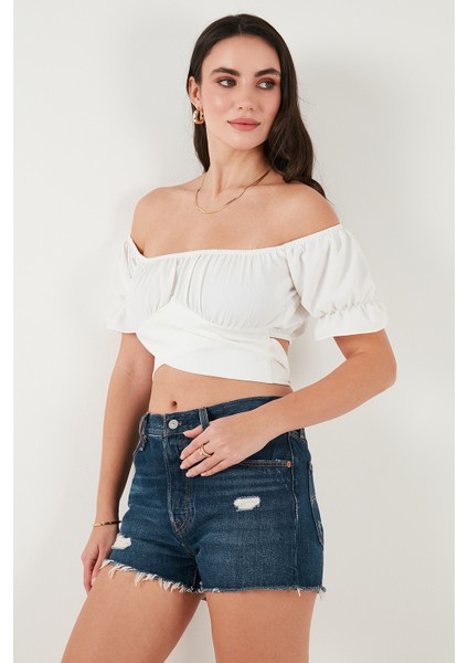 Regular Fit Madonna Yaka Bağlama Detaylı Crop Bluz Bayan Bluz 6527017