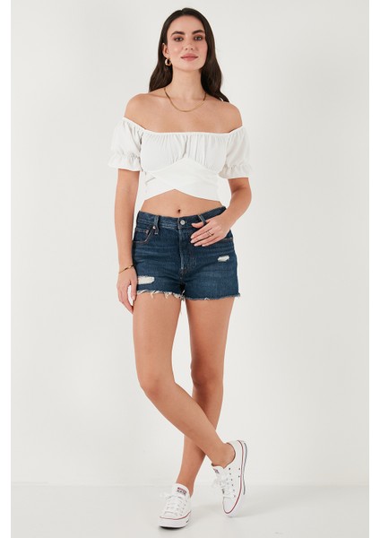 Regular Fit Madonna Yaka Bağlama Detaylı Crop Bluz Bayan Bluz 6527017