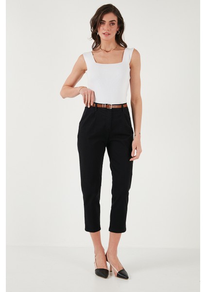 Streç Pamuklu Regular Fit Yüksek Bel Düz Kısa Paça Kemerli Pantolon Bayan Pantolon 668YP5335