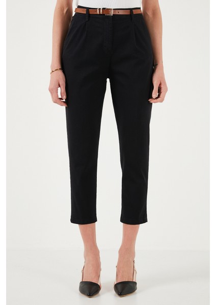 Streç Pamuklu Regular Fit Yüksek Bel Düz Kısa Paça Kemerli Pantolon Bayan Pantolon 668YP5335