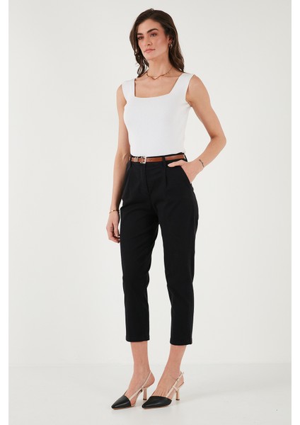 Streç Pamuklu Regular Fit Yüksek Bel Düz Kısa Paça Kemerli Pantolon Bayan Pantolon 668YP5335