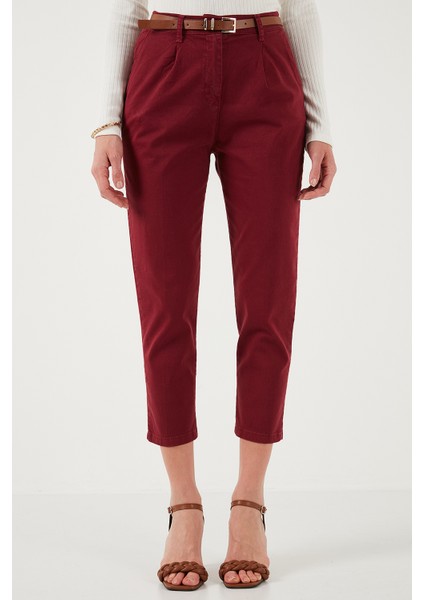 Streç Pamuklu Regular Fit Yüksek Bel Düz Kısa Paça Kemerli Pantolon Bayan Pantolon 668YP5335