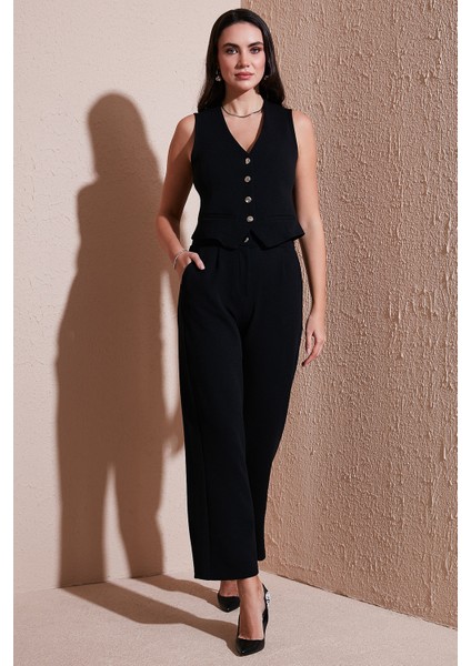 Regular Fit Yüksek Bel Bol Paça V Yaka Yelekli Takım Bayan Takım 5866199 modelleri