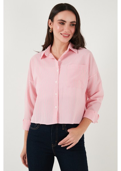 Regular Fit Çizgili Göğüs Cepli Dokulu Gömlek Bayan Gömlek 6772870