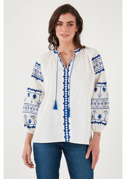 Nakış Işlemeli Pamuklu Oversize Fit Bağlamalı V Yaka Bluz Bayan Bluz 676271