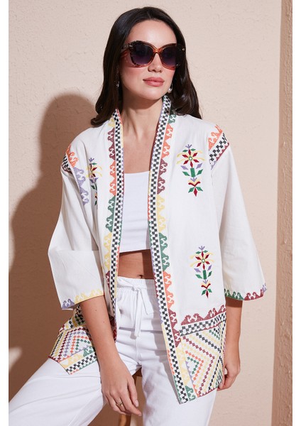 Nakış Işlemeli Pamuklu Oversize Fit Truvakar Kol Kimono Bayan Kimono 676272