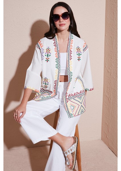 Nakış Işlemeli Pamuklu Oversize Fit Truvakar Kol Kimono Bayan Kimono 676272